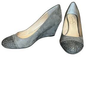 Jessica Simpson SANORA 6.5M / 36.5 Bejeweled gray suede Wedge heels